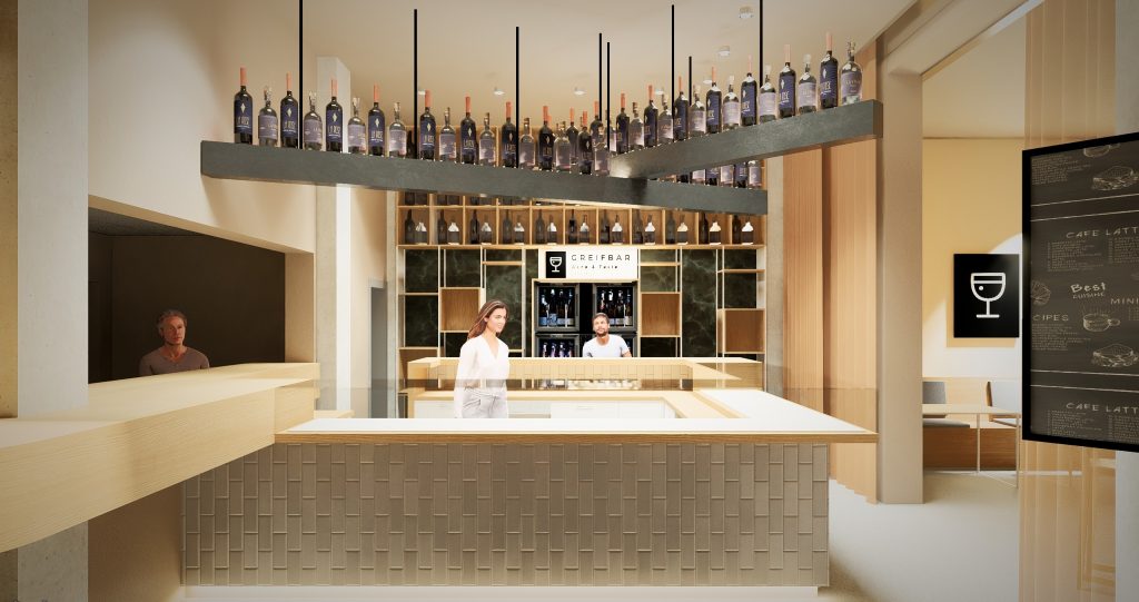 BAR Moderne Bar mit stilvoller Beleuchtung, hochwertigen Materialien und elegantem Thekenbereich. Gemütliche Barhocker und eine gut sortierte Auswahl an Getränken schaffen eine einladende Atmosphäre.