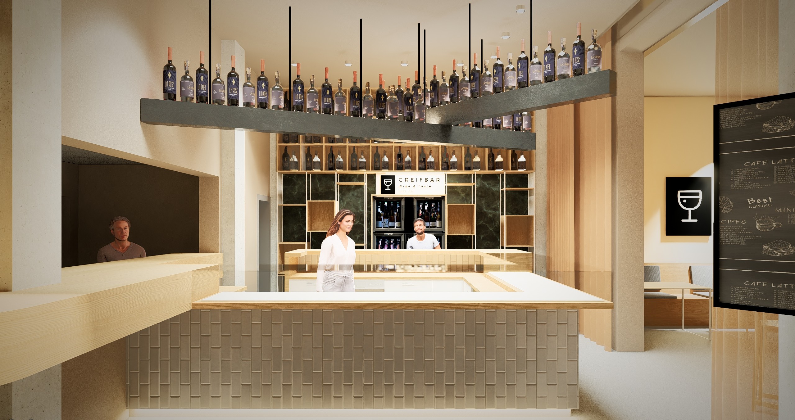 BAR Moderne Bar mit stilvoller Beleuchtung, hochwertigen Materialien und elegantem Thekenbereich. Gemütliche Barhocker und eine gut sortierte Auswahl an Getränken schaffen eine einladende Atmosphäre.